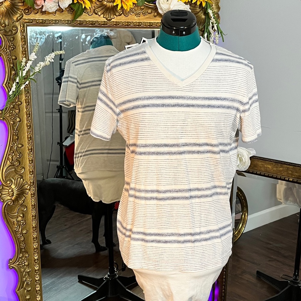 Express Men's White and Blue Striped Tee